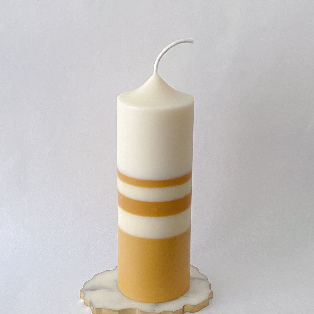 Statement Pillar Candle, Toffee/ White Two Stripes