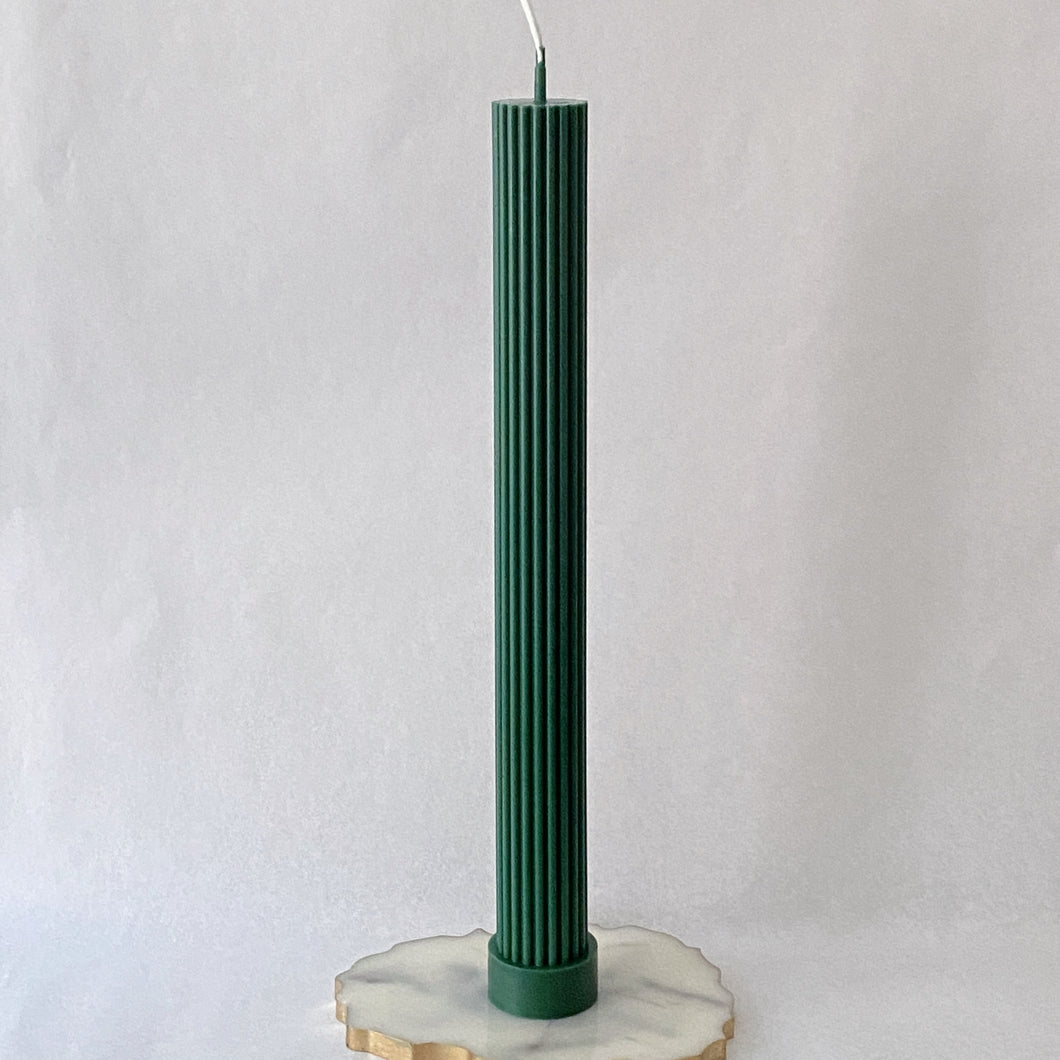 Ribbed Pillar Taper Candle, Forest Green