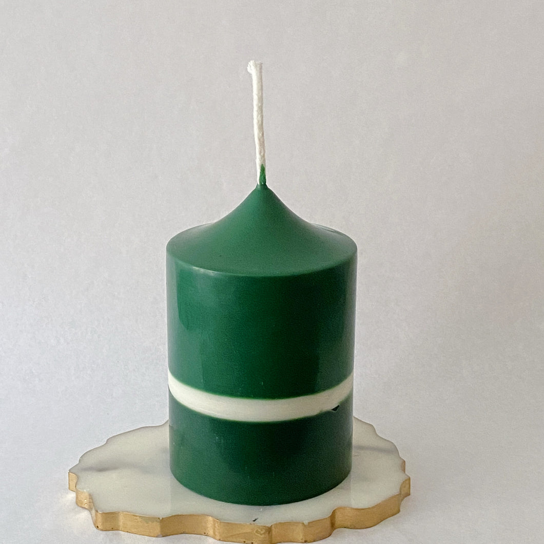 Statement Pillar Candle, small - Forest Green/ White Striped